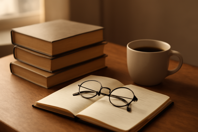 Tiga buku biografi penulis di atas meja kayu bersama buku catatan dan kacamata baca