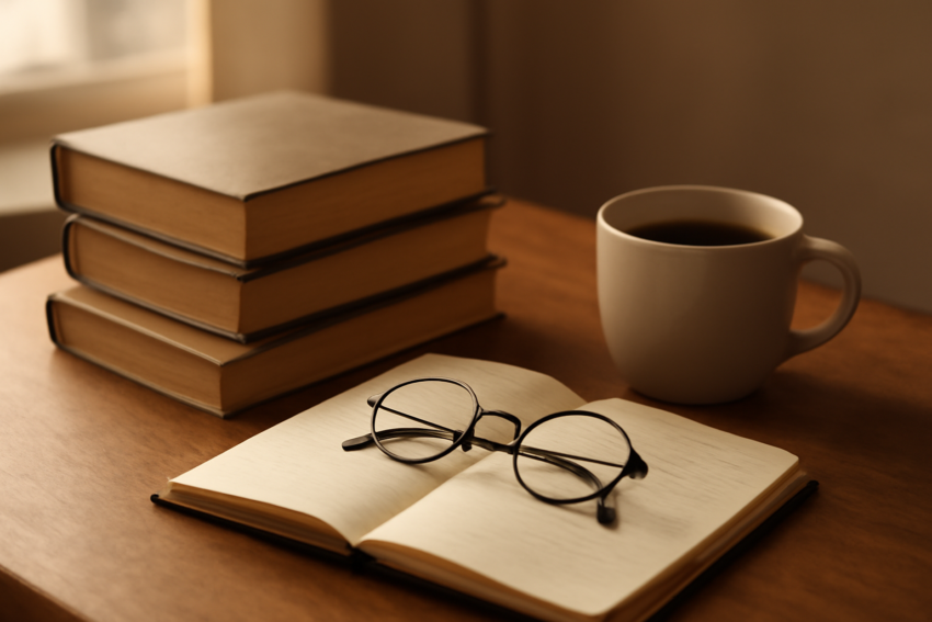 Tiga buku biografi penulis di atas meja kayu bersama buku catatan dan kacamata baca