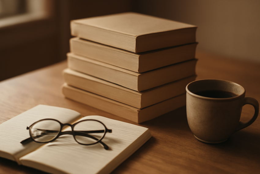 Tumpukan buku esai sastra di atas meja kayu dengan buku catatan terbuka dan secangkir kopi