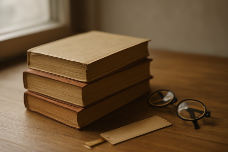 Tiga buku kumpulan cerpen Indonesia ditata di atas meja kayu dengan kacamata baca
