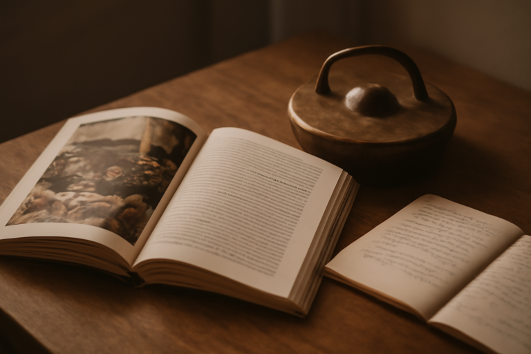 Buku tentang musik tradisional Indonesia terbuka di samping gong gamelan perunggu kecil