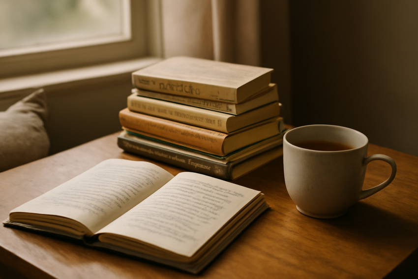 Tumpukan buku puisi Indonesia di atas meja kayu dengan secangkir teh