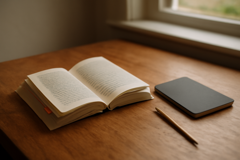 Meja baca dengan buku terbuka, sticky note penanda halaman, dan buku catatan untuk membedah karya sastra