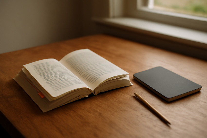 Meja baca dengan buku terbuka, sticky note penanda halaman, dan buku catatan untuk membedah karya sastra