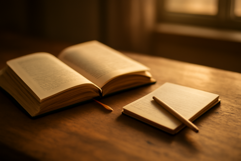 Buku novel terbuka dengan buku catatan kecil dan pensil di atas meja kayu