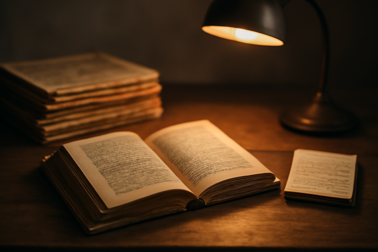 Buku novel terbuka di meja kayu bersama tumpukan koran lama dan catatan tangan untuk membaca sastra dengan pendekatan sejarah