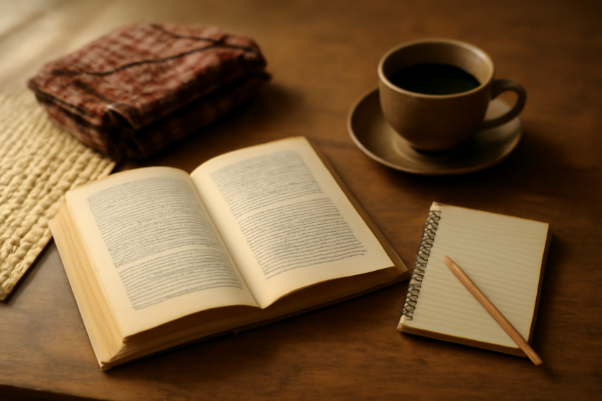 Buku novel terbuka dan catatan kecil di atas meja kayu ditemani kain batik dan kopi